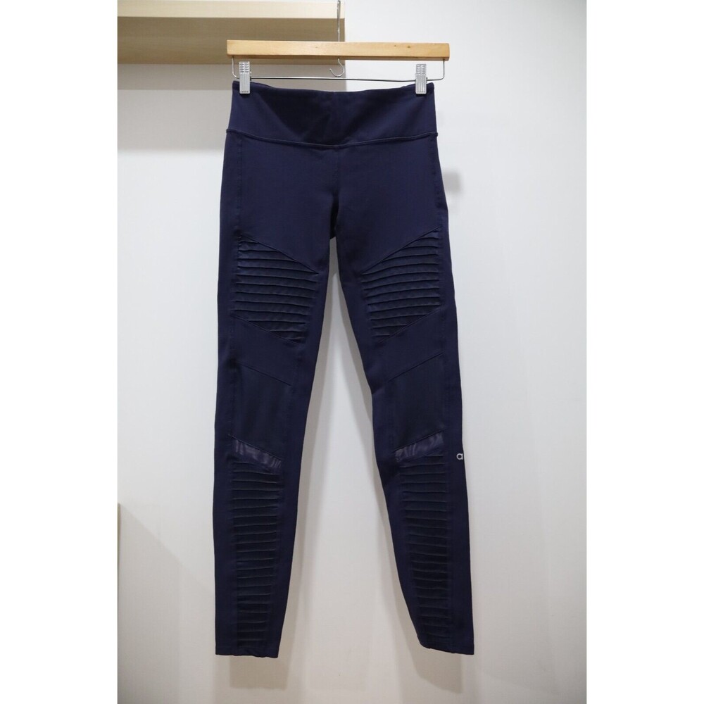 Alo Yoga Moto Leggings Womens Size S Navy Blue Athletic Athleisure Stretch Mesh
